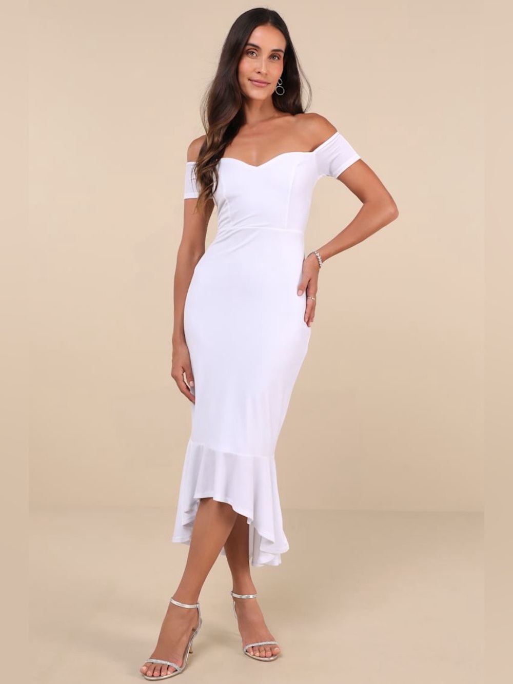 🆕(NWT) LULUs How Much I Care White Velvet Off-the-Shoulder Midi Dress. MEDIUM